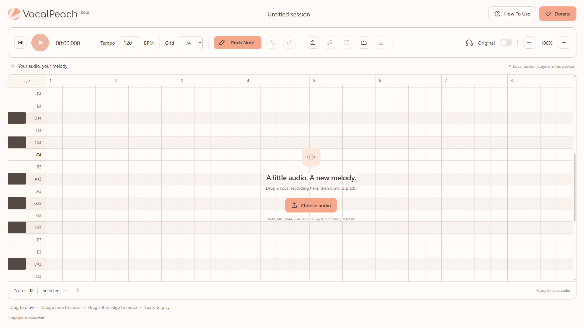 The VocalPeach editor: a piano grid for drawing a vocal melody